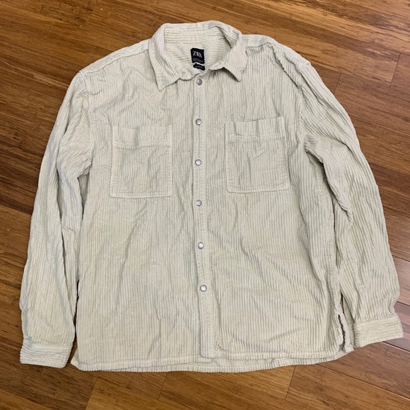 Zara Corduroy Shirt Womens Size‎ XL Cream Jacket Relaxed Fit Button Down Long - Picture 1 of 8